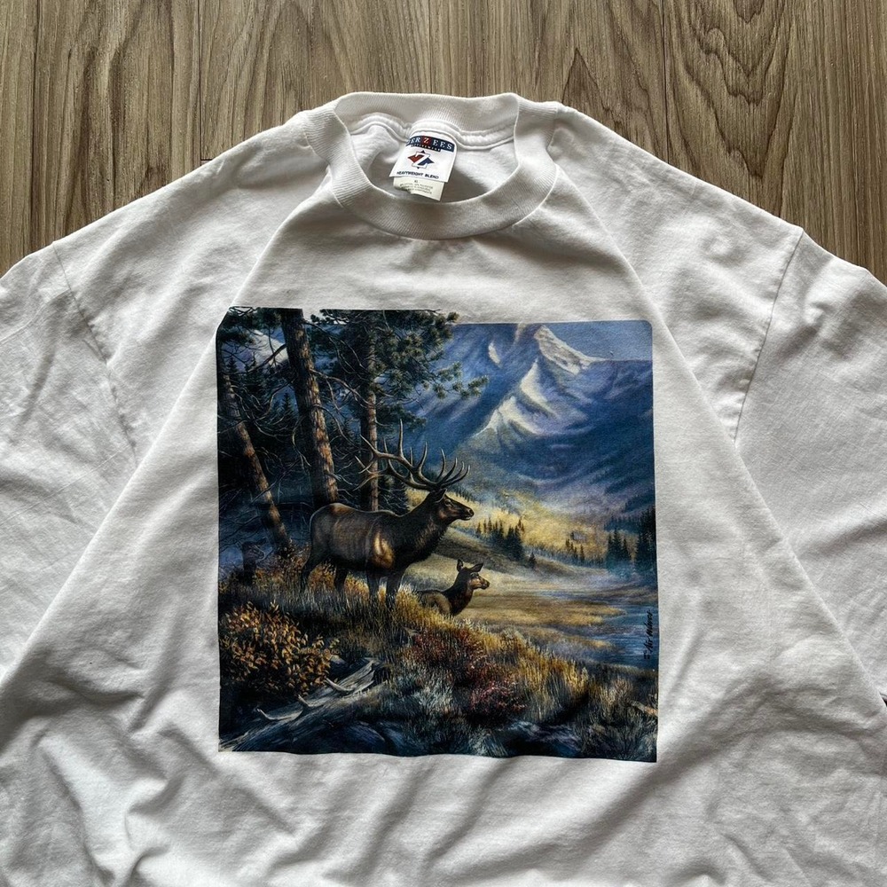 Vintage Jerzees Elk Nature Graphic Shirt Mens XL White 90s Mountain Streetwear